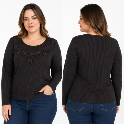 Blusa Malha Canelada Com Bordado