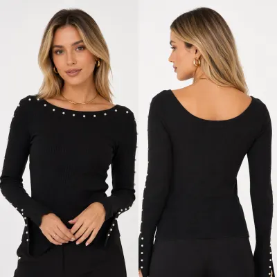 Blusa Manga Longa Com Pérolas