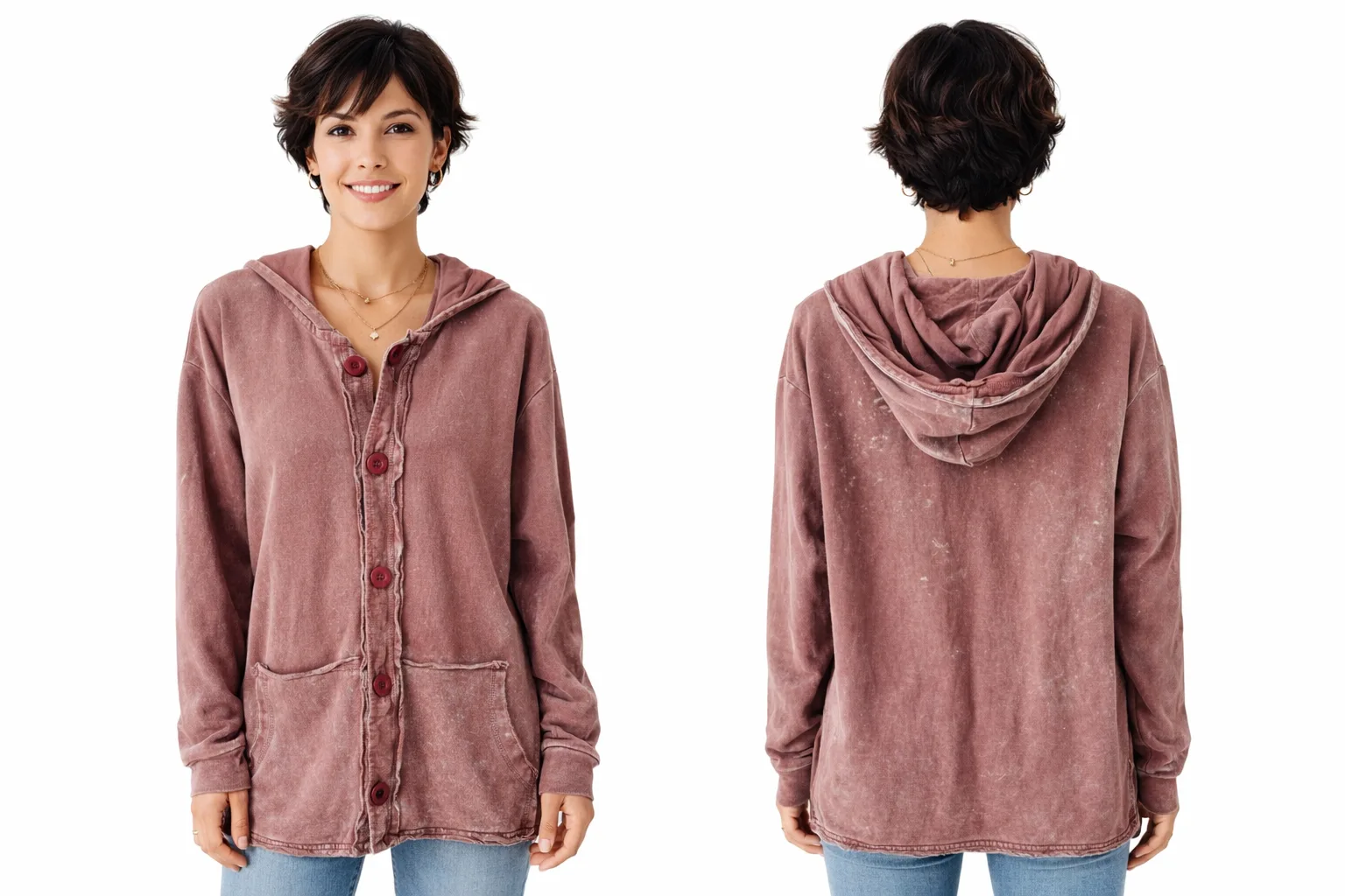 Casaco Moletom Com Botões e Capuz